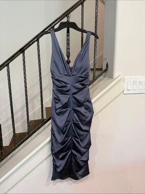Sleeveless Slate Blue Ruched V-Neck Cocktail Dress